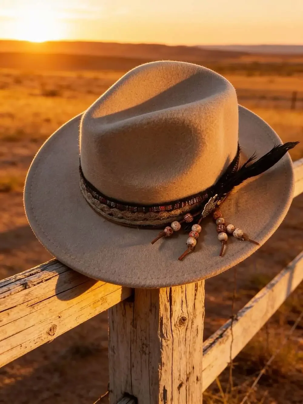 IN Designer Boho Style Tan Wide Brim Fedora Hat with Decorative Beaded Band and